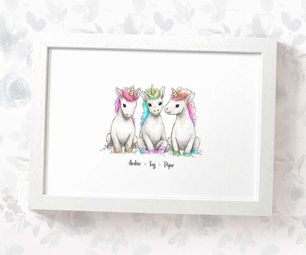 Three baby unicorns framed A3 family print with names for a unique triplet baby shower gift