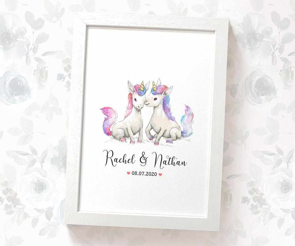 Personalized Unicorn Couple A4 Framed Print Featuring Names and Date For A Special First Anniversary Gift