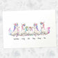 Unicorn family portrait featuring grandma and grandad with grandchildren and personalised names for the best grandparent gift