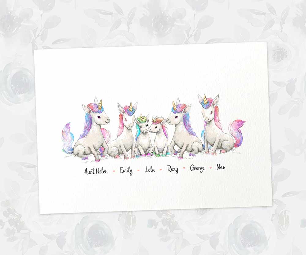 Unicorn family portrait featuring grandma and grandad with grandchildren and personalised names for the best grandparent gift