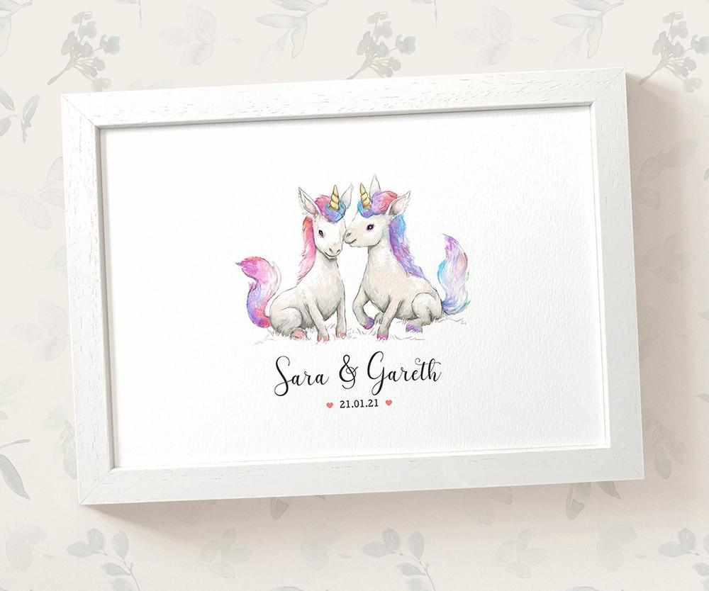 Personalized Unicorn Couple A4 Framed Print Featuring Newlywed Names And Date For A Unique Wedding Gift