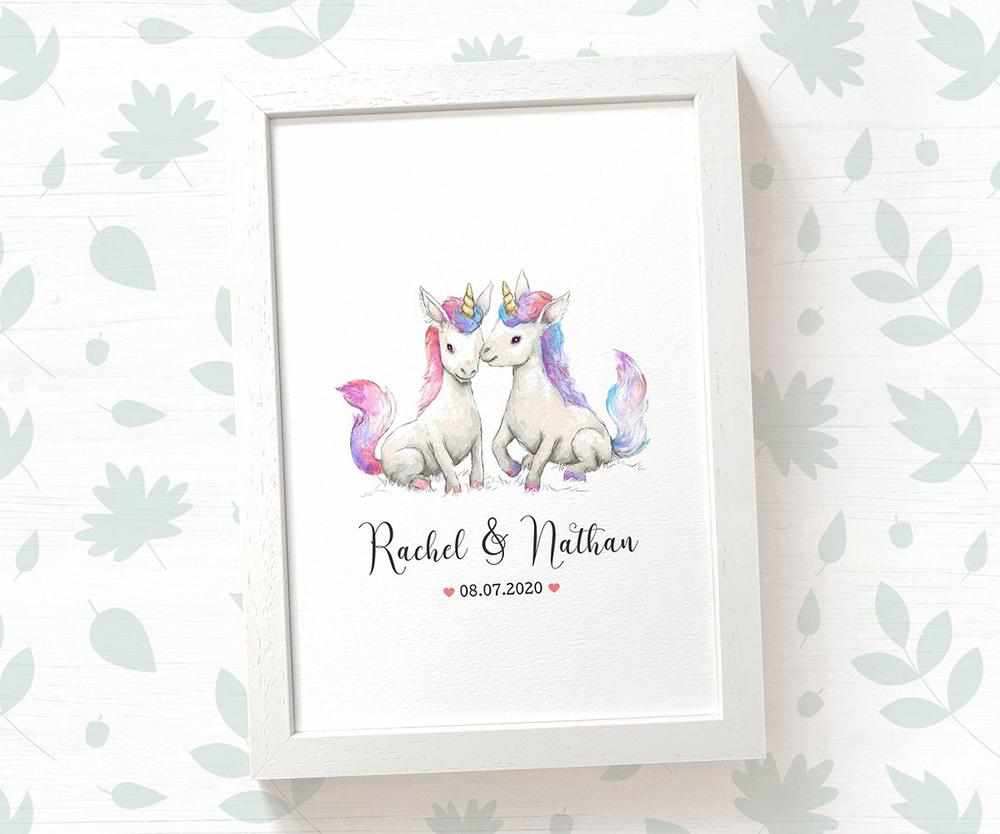 Unicorn Couple A4 Framed Print Personalized With Names And Date For An Exceptional First Anniversary Gift Idea