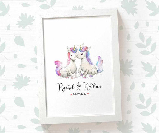 Unicorn Couple A4 Framed Print Personalized With Names And Date For An Exceptional First Anniversary Gift Idea