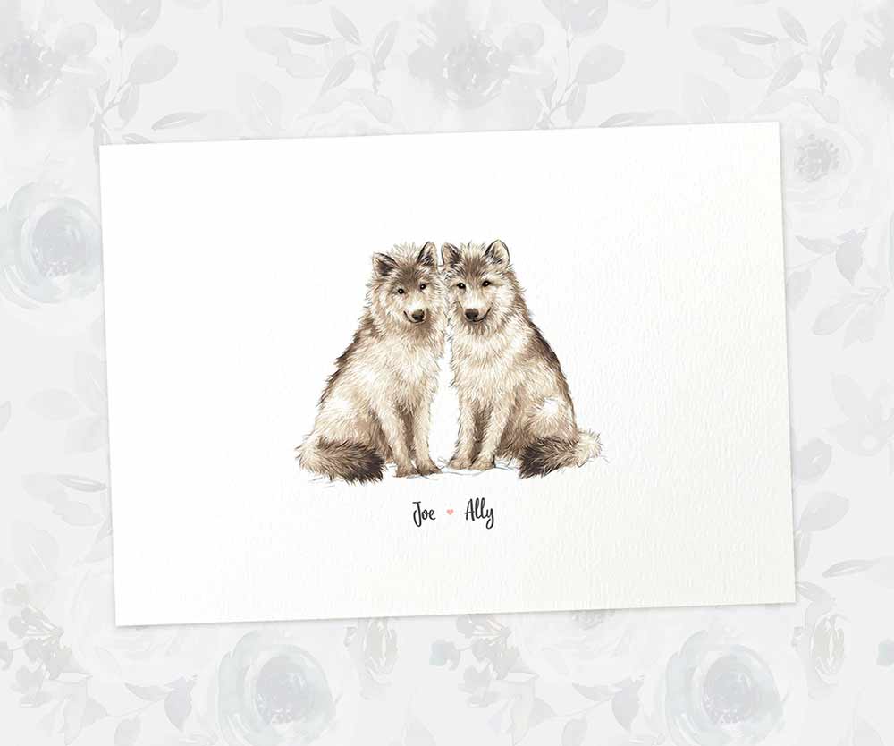 A3 couple print featuring two wolves with personalised names beneath for the best husband or wife gift