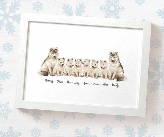 Wolf family portrait personalised with names displayed in an A4 white wood frame for a thoughful gift for mum