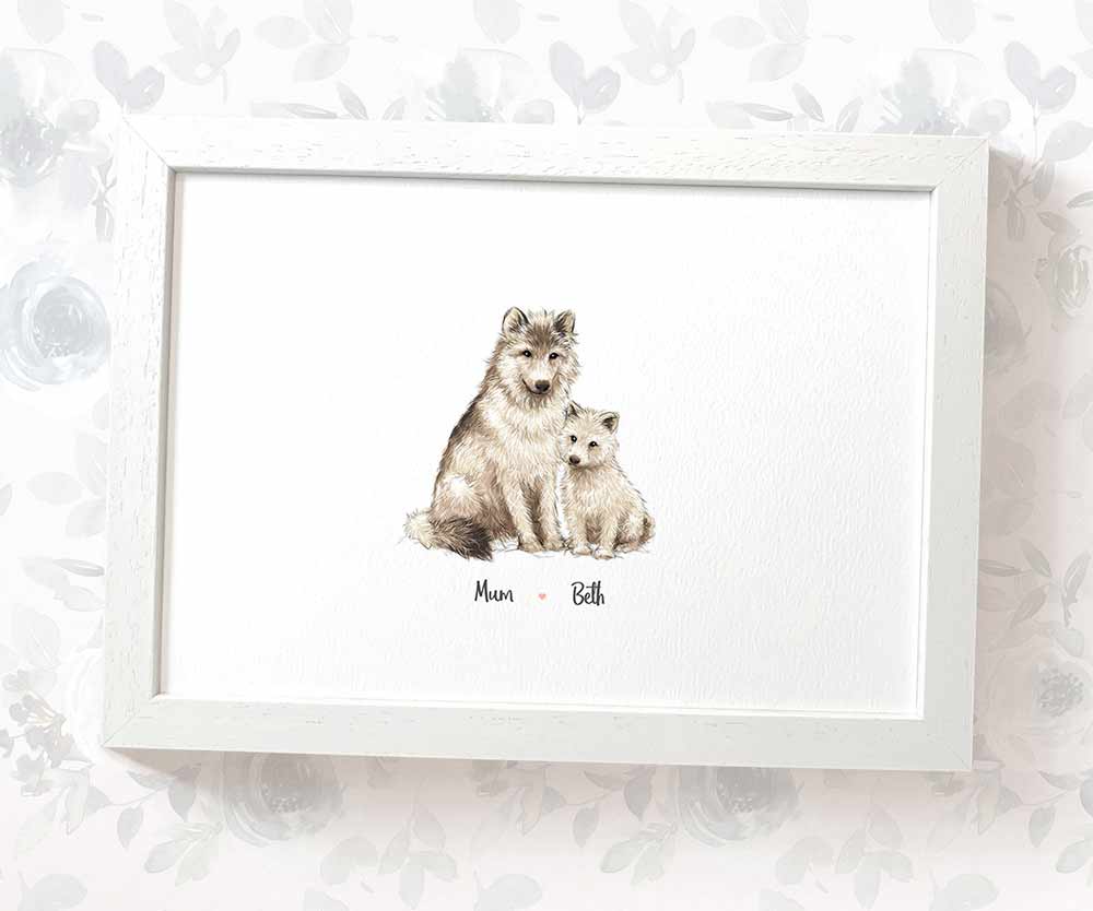 Framed A4 mother and baby wolf personalised with names for a special mothers day present
