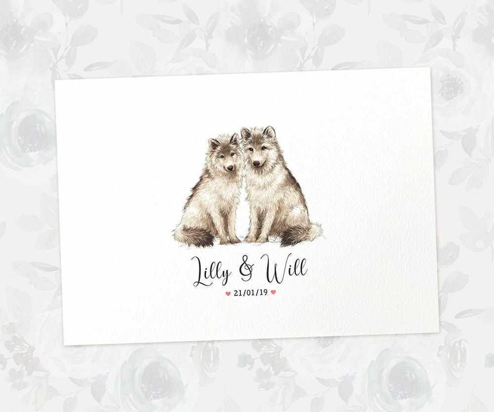 Two Wolves A3 Unframed Art Print Personalized With Names And Date For A Heartwarming Valentines Day Gift