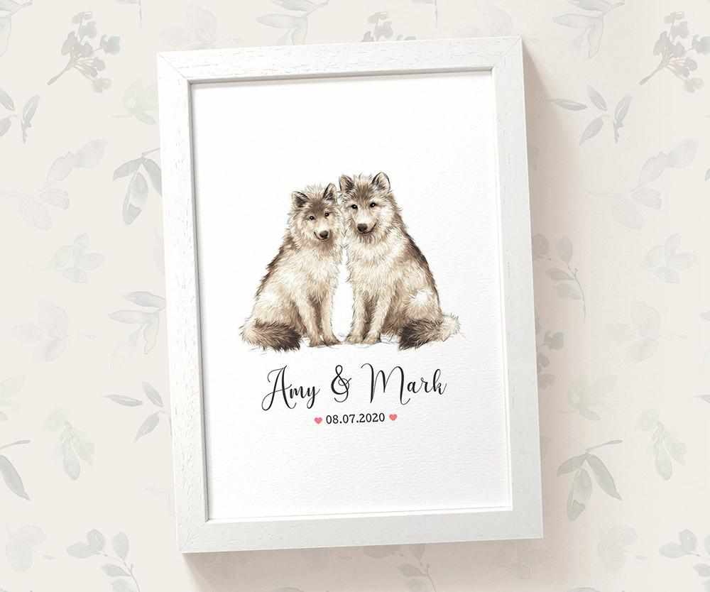Personalized Wolf Couple A4 Framed Print Featuring Newlywed Names And Date For A Unique Wedding Gift