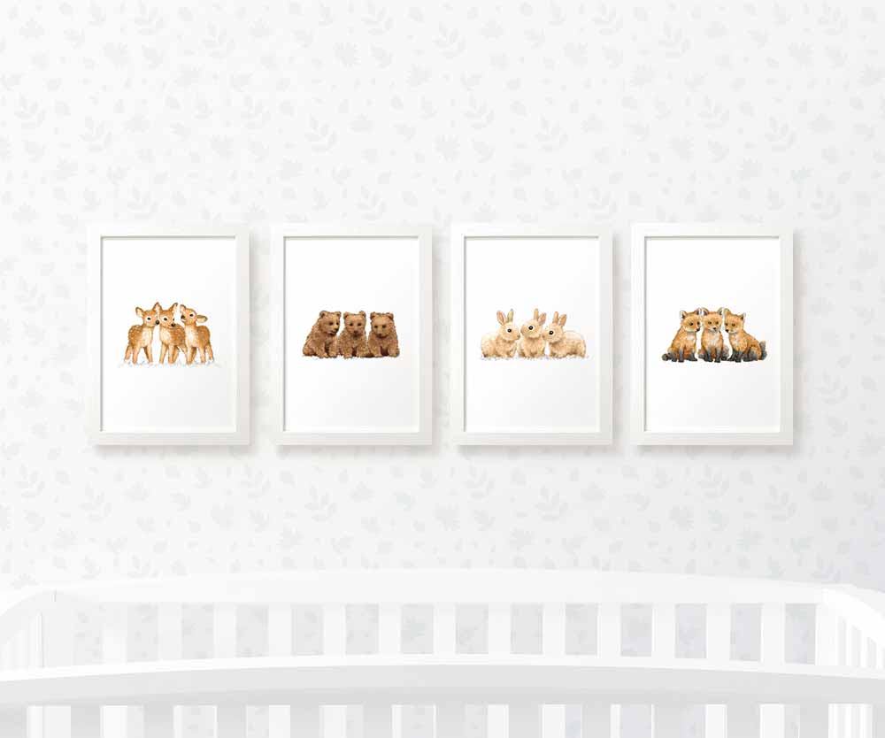 Woodland Nursery Prints Triplet New Baby Shower Pregnancy Gift Ideas Animal Wall Art Set Newborn Playroom