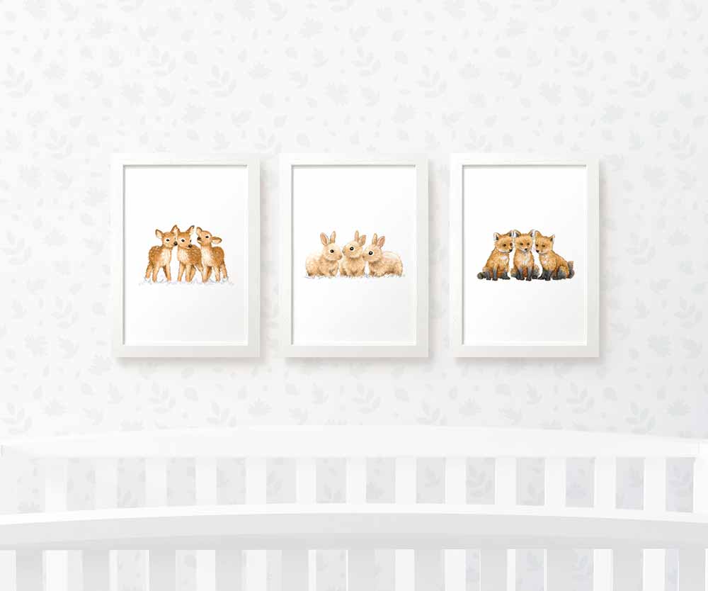 Woodland Nursery Prints Triplet New Baby Shower Pregnancy Gift Ideas Animal Wall Art Set Newborn Playroom