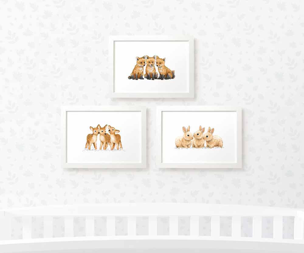 Woodland Nursery Prints Triplet New Baby Shower Gift Ideas Animal Wall Art Set Playroom Decor UK