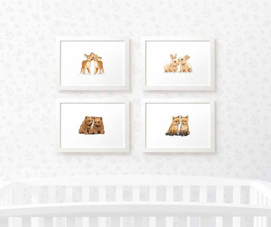Woodland Nursery Prints Twin New Baby Shower Gift Ideas Animal Wall Art Set Playroom Decor UK