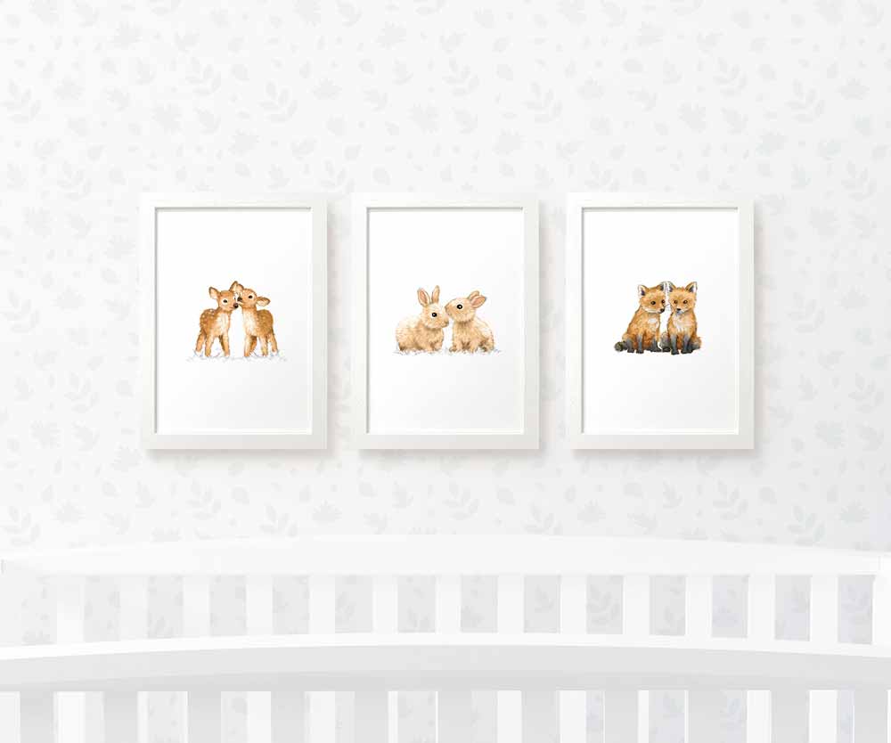 Woodland Nursery Prints Twin New Baby Shower Gift Ideas Animal Wall Art Set Playroom Decor UK