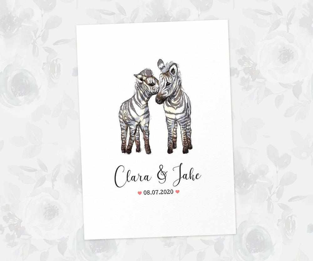 Two Zebras A4 Unframed Print Customized With Names And Date For A Thoughtful Valentines Day Gift