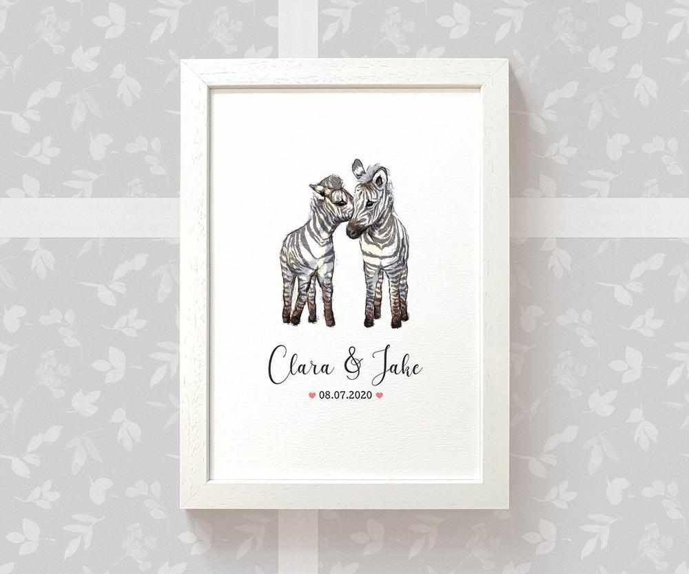 Personalized Zebra Couple A4 Framed Print Featuring Names and Date For A Special First Anniversary Gift