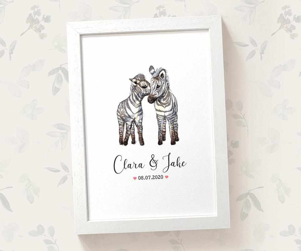 Personalized Zebra Couple A4 Framed Print Featuring Newlywed Names And Date For A Unique Wedding Gift