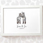 Zebra Couple A4 Framed Print Personalized With Names And Date For An Exceptional First Anniversary Gift Idea