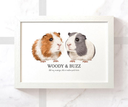 Guinea pig pair wall art print in A3 frame with personalised pet names Woody and Buzz